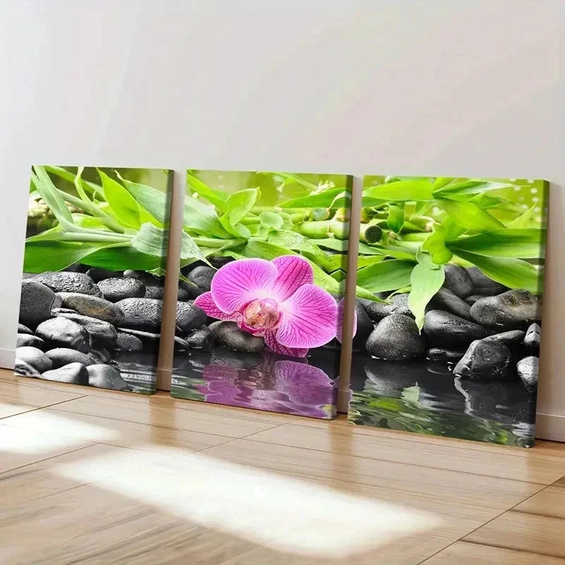 3pcs Pebbles Phalaenopsis Flowers Wall Art Set Canvas Framed 40x60cm - High Quality Print 100% Australian Made Wall Canvas Ready to Hang - Bella Home Decor