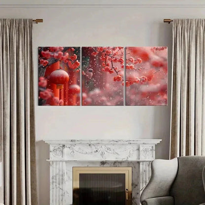 3pcs Red Festive Plum Blossoms Chinese Wall Art Set Canvas Framed 50x70cm - High Quality Print 100% Australian Made Wall Canvas Ready to Hang