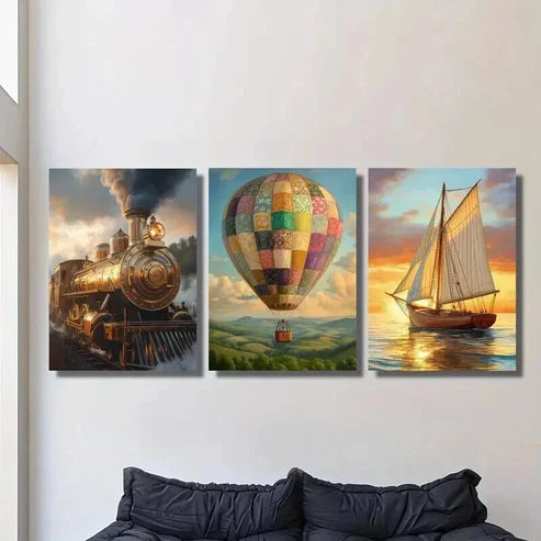 3pcs Steam Train Hot Air Balloon Sailboat Wall Art Canvas Unframed - High Quality Print 100% Australian Made Wall Canvas
