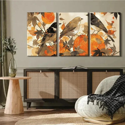 3pcs Birds and Autumn Leaves Elegant Perfect Wall Art Set Canvas Framed 50x70cm - High Quality Print 100% Australian Made Wall Canvas Ready to Hang - Bella Home Decor