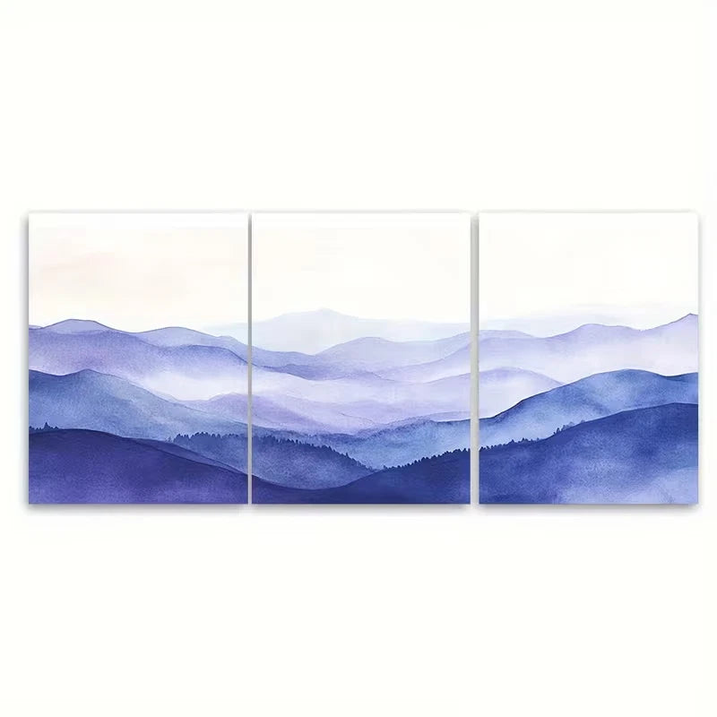 3pcs Gentle Blue Purple Mountain Watercolor Metal Print Ready to Hang Art - Bella Home Decor