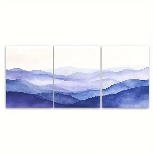 3pcs Gentle Blue Purple Mountain Watercolor Metal Print Ready to Hang Art