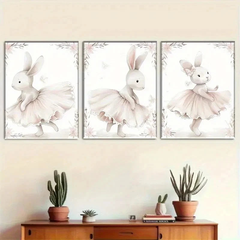 3pcs Adorable Ballet Rabbit Cute Rabbit Dancer Metal Print Ready to Hang Art - Bella Home Decor