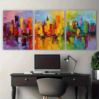 3pcs Vibrant Abstract Textured Cityscape Perfect Wall Art Set Canvas Framed 50x70cm - High Quality Print 100% Australian Made Wall Canvas Ready to Hang