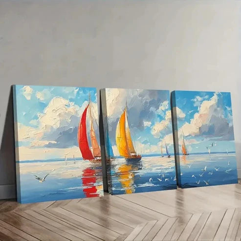 3pcs The Ocean Fluffy White Clouds Wall Art Set Canvas Unframed - High Quality Print 100% Australian Made Wall Canvas