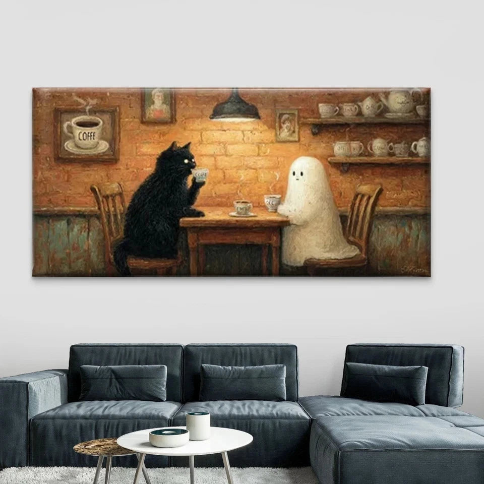 Black Cat & Cute Ghost Wall Art Canvas Office Home Room Framed 120x60cm