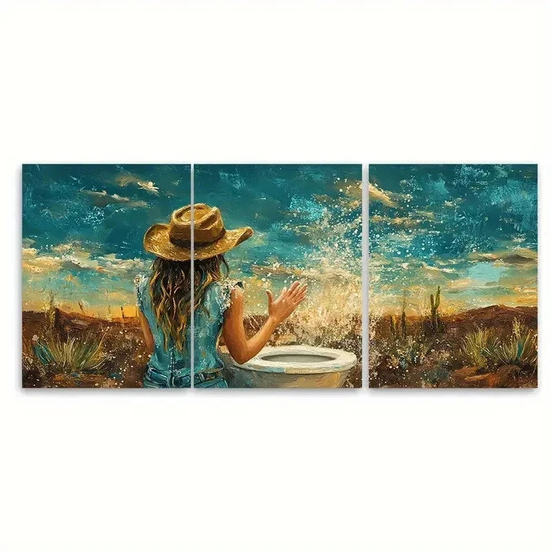 3pcs Cowgirl Bathroom Print Western FG    Wall Art Set Canvas Framed 60x90cm - High Quality Print 100% Australian Made Wall Canvas Ready to Hang - Bella Home Decor