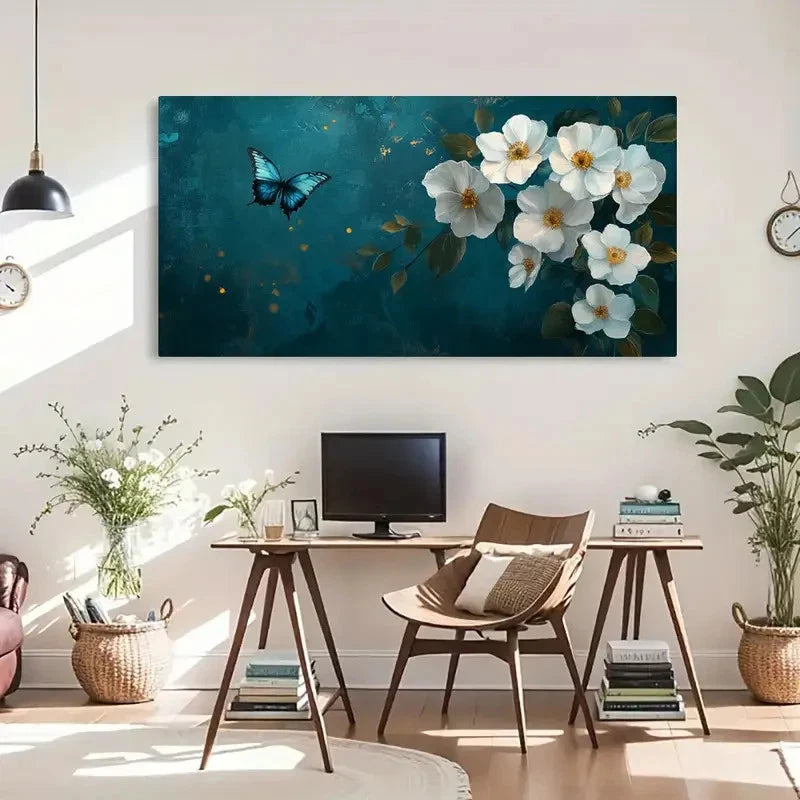 Turquoise & White Floral Spring Wall Art Canvas Office Home Room Framed 120x60cm
