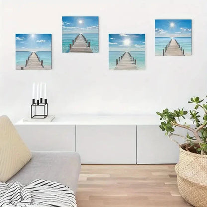4pcs  Beach Pier & Ocean View Paintings Wall Art Canvas Framed