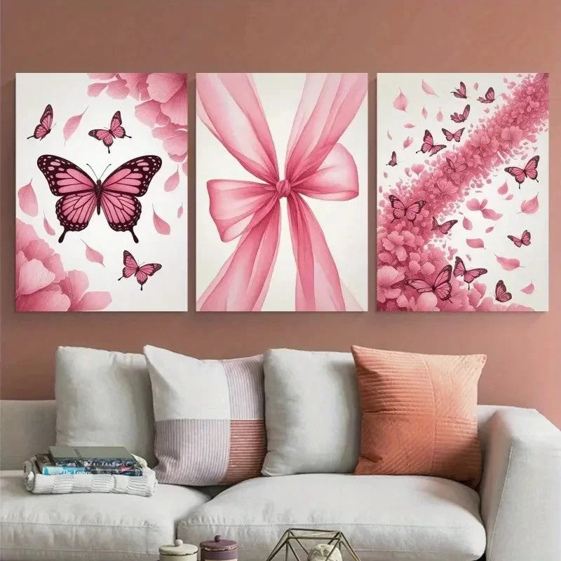 3pcs Pink Butterflies, Pink Bow Canvas   Wall Art Set Canvas Framed 50x70cm - High Quality Print 100% Australian Made Wall Canvas Ready to Hang