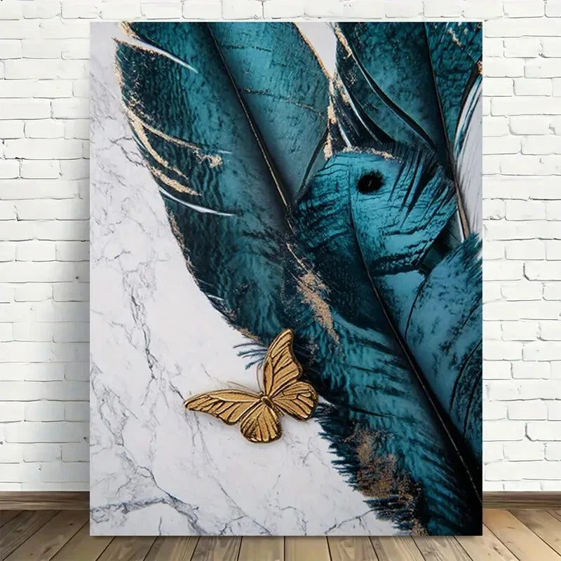 Beautiful Elegant Feather & Butterfly Painting 40x60cm Metal Print Ready to Hang - Bella Home Decor
