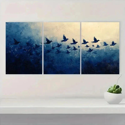 3pcs Abstract Navy Blue Bird Flock LO Wall Art Set Canvas Framed 50x70cm - High Quality Print 100% Australian Made Wall Canvas Ready to Hang - Bella Home Decor