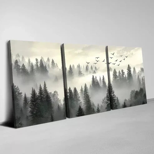 3pcs Tranquil Black and Gray Misty Forest Birds Wall Art Canvas Unframed - High Quality Print 100% Australian Made Wall Canvas