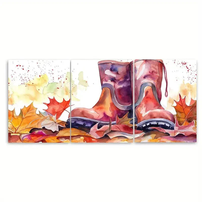 3pcs Autumn Rain Boots Vibrant Fall Leaves Design Metal Print Ready to Hang Art - Bella Home Decor