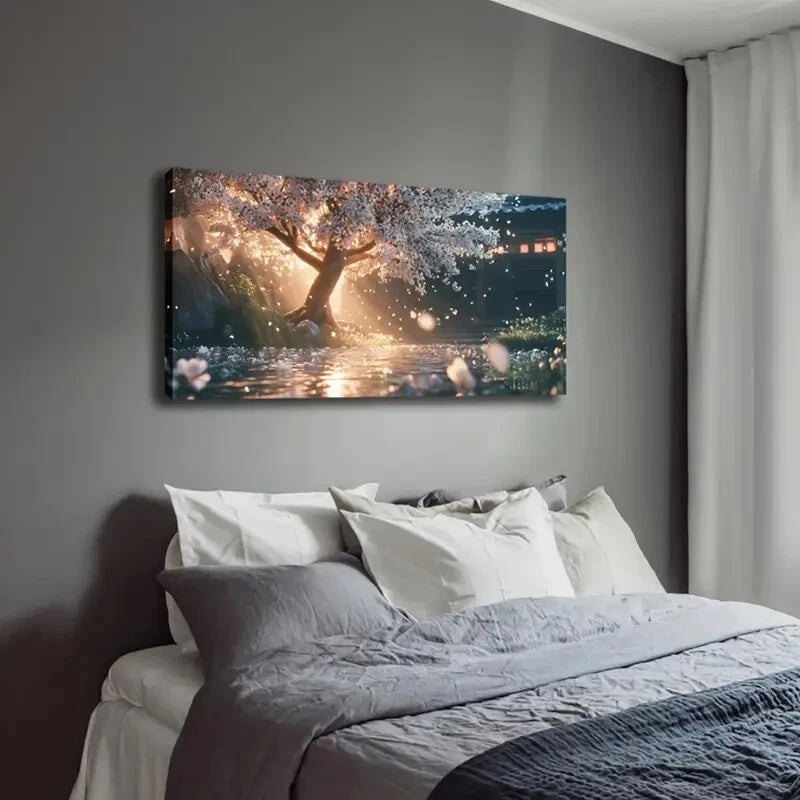 Serene Cherry Blossom Waterfall Wall Art Canvas Office Home Room Framed 120x60cm