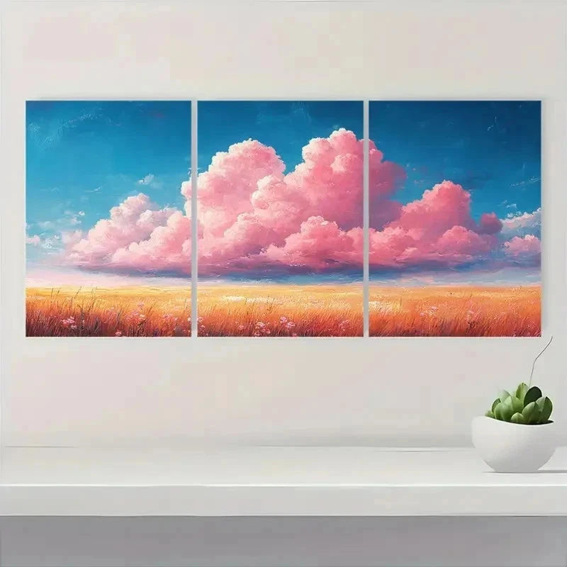 3pcs Vibrant Pink Clouds Landscape Perfect Wall Art Set Canvas Framed 60x90cm - High Quality Print 100% Australian Made Wall Canvas Ready to Hang