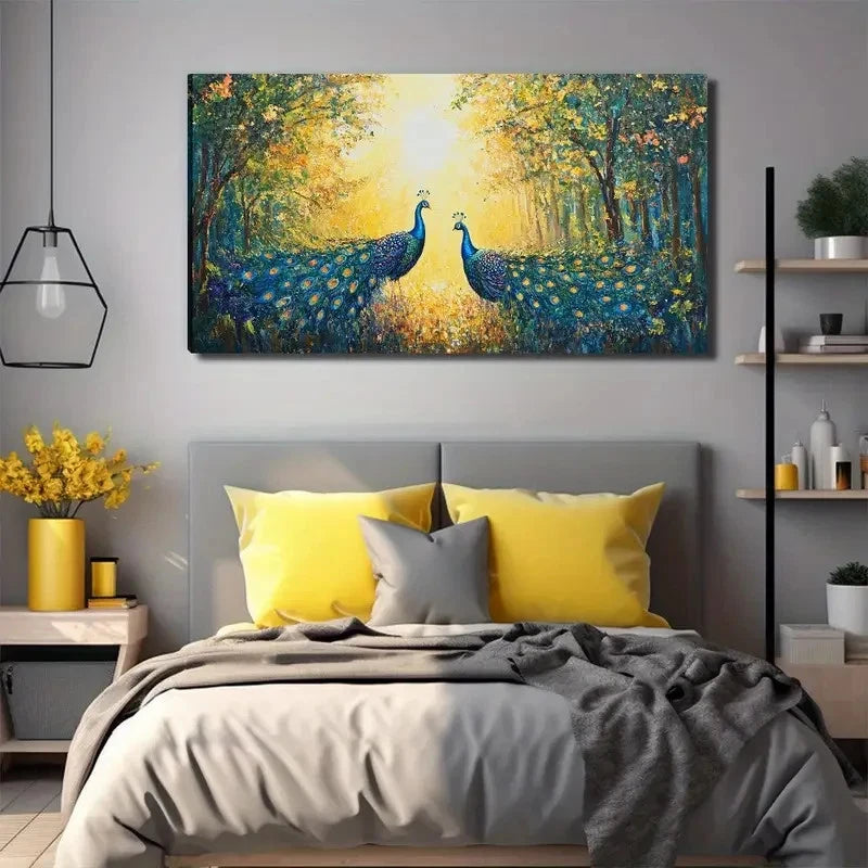 Vibrant Peacock Forest Wall Art Canvas Office Home Room Framed 120x60cm