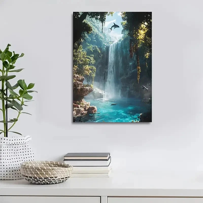 Shark Scene with Crystal Clear Waterfall & Lush 40x60cm Metal Print Ready to Hang - Bella Home Decor
