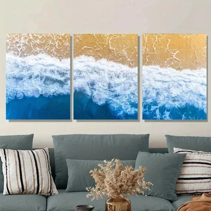 3pcs Coastal Ocean Wave Vibrant Blue & Golden Wall Art Set Canvas Unframed - High Quality Print 100% Australian Made Wall Canvas - Bella Home Decor