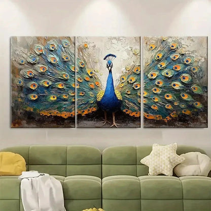 3pcs Peacock Animals Impasto Textured Perfect Wall Art Set Canvas Framed 60x90cm - High Quality Print 100% Australian Made Wall Canvas Ready to Hang