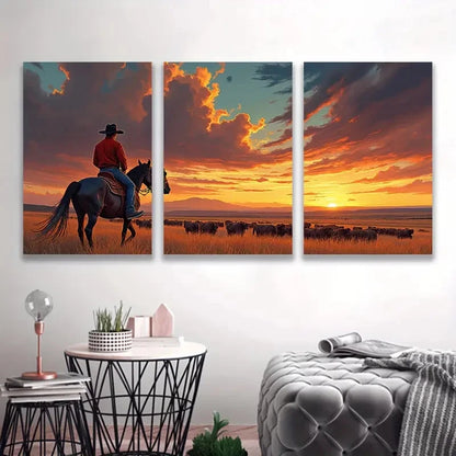3pcs Western Cowboy Sunset ART  Wall Art Set Canvas Framed 40x60cm - High Quality Print 100% Australian Made Wall Canvas Ready to Hang