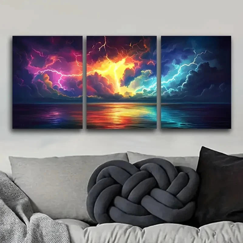 3pcs Colorful Lightning Storm Design Wall Art Set Canvas Framed 50x70cm - High Quality Print 100% Australian Made Wall Canvas Ready to Hang - Bella Home Decor