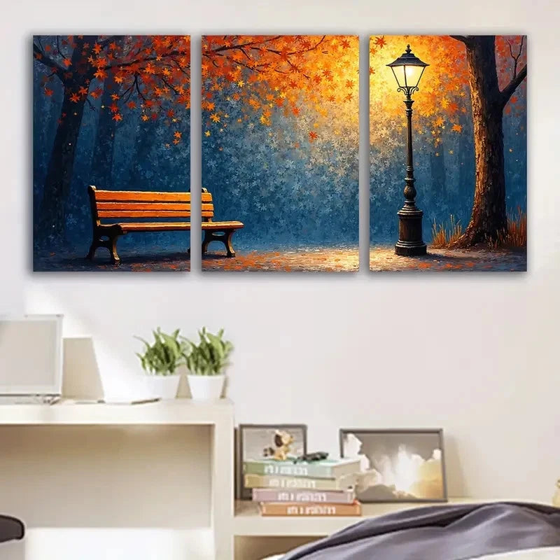 3pcs Autumn Park Bench Landscape Scene Wall Art Set Canvas Framed 40x60cm - High Quality Print 100% Australian Made Wall Canvas Ready to Hang - Bella Home Decor