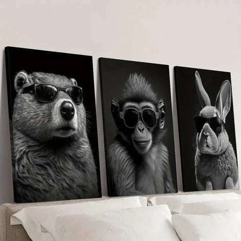 3pcs Beaver Monkey & Rabbit in Glasses Wall Art Canvas Unframed – High Quality Print 100% Australian Made Wall Canvas - Bella Home Decor