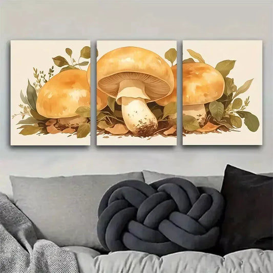 3pcs Vibrant Orange-Yellow Mushrooms with Leaves Wall Art Set Canvas Framed 50x70cm - High Quality Print 100% Australian Made Wall Canvas Ready to Hang