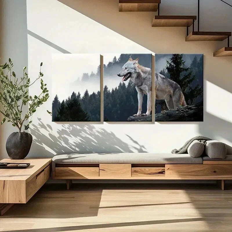 3pcs Wolf on a Rock Top in a Forest Wall Art Set Canvas Framed 40x60cm - High Quality Print 100% Australian Made Wall Canvas Ready to Hang - Bella Home Decor