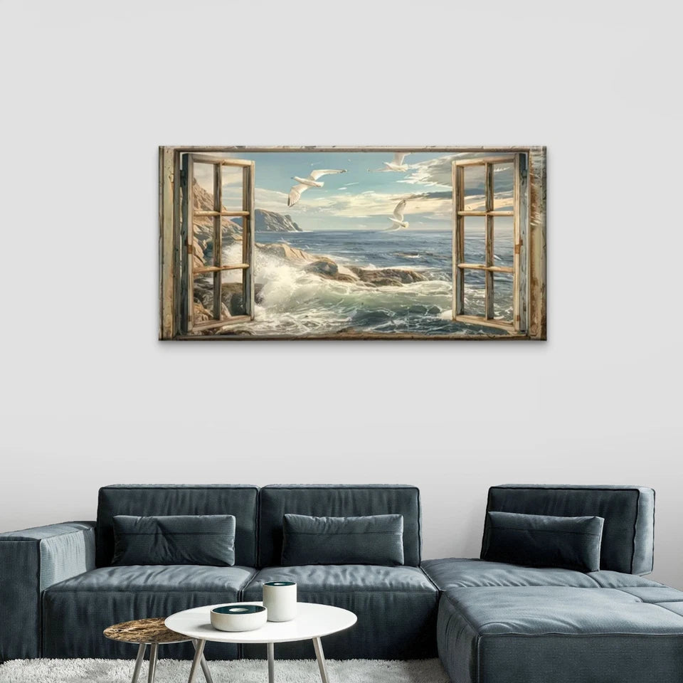 Windows Seagulls Flying Sea Wall Art Canvas Office Home Room Framed 120x60cm