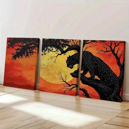 3pcs Black Leopard & Silhouetted Trees in Sunset  Art Set Canvas Unframed - High Quality Print 100% Australian Made Wall Canvas - Bella Home Decor