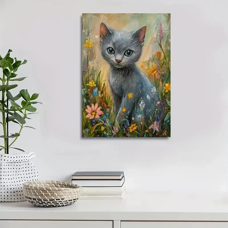 Flowers And Plants Cute Russian Blue Cat Kitten 40x60cm Metal Print Ready to Hang - Bella Home Decor