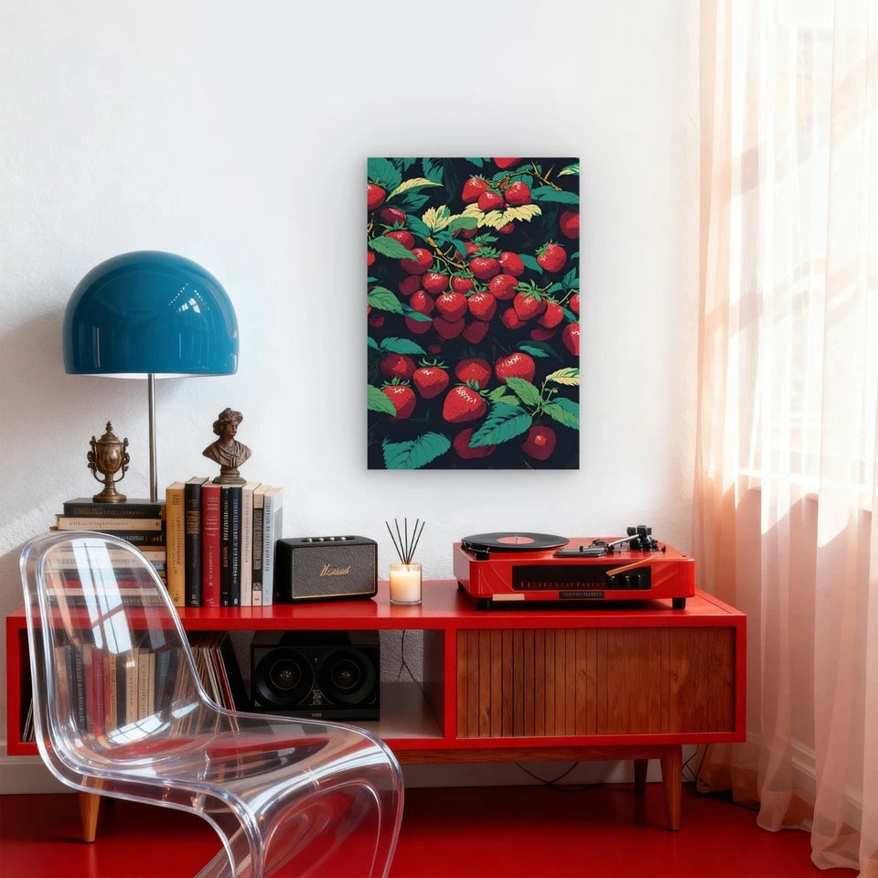 Strawberries on Green Leafed Branches 60x90cm Metal Print Ready to Hang