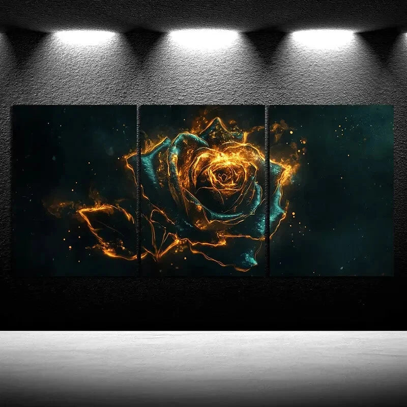 3pcs Beautiful Roses Stunning Golden Blue Themed Metal Print Ready to Hang Art - Bella Home Decor