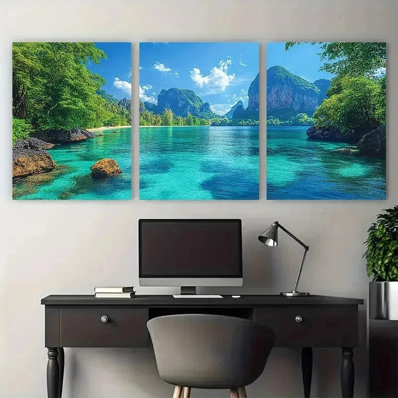 3pcs Vibrant Blue Tropical Seascape Perfect Wall Art Set Canvas Framed 50x70cm - High Quality Print 100% Australian Made Wall Canvas Ready to Hang