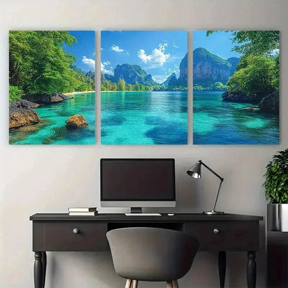 3pcs Vibrant Blue Tropical Seascape Perfect Wall Art Set Canvas Framed 50x70cm - High Quality Print 100% Australian Made Wall Canvas Ready to Hang