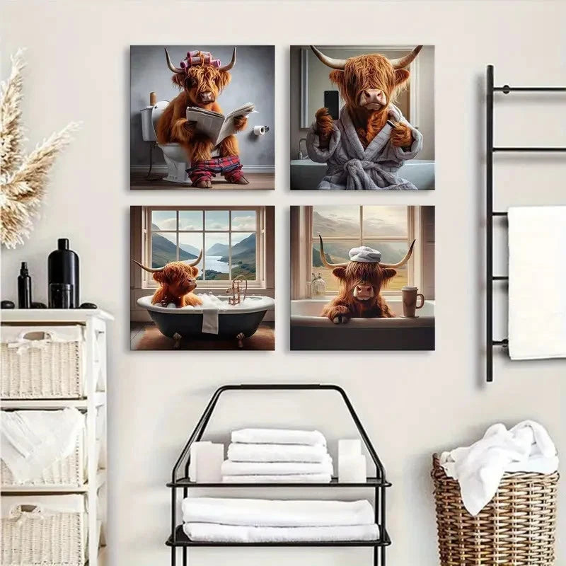 4pcs Rustic Highland Cow Wall Art Canvas Framed