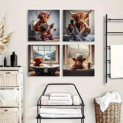 4pcs Rustic Highland Cow Wall Art Canvas Framed