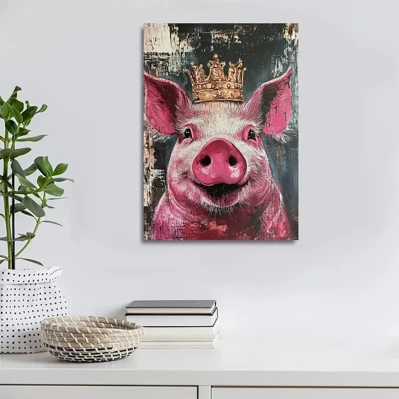 Vibrant Pink & Golden Accents Crown Pig Painting 40x60cm Metal Print Ready to Hang - Bella Home Decor