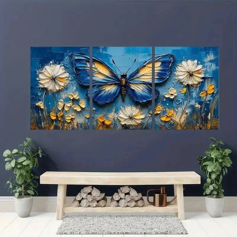 3pcs Blue Butterflies & Dandelion Flowers Wall Art Set Canvas Framed 50x70cm - High Quality Print 100% Australian Made Wall Canvas Ready to Hang - Bella Home Decor