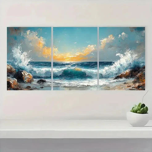 3pcs Rocky Shoreline Painting Aqua Gray ER Wall Art Set Canvas Unframed - High Quality Print 100% Australian Made Wall Canvas