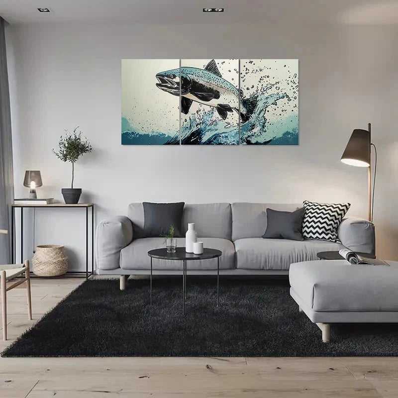 3pcs Dynamic Fish Jumping Painting Metal Print Ready to Hang Art - Bella Home Decor