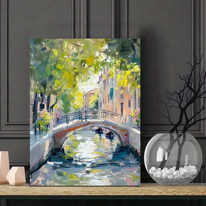Venice Canal, A Small Bridge with Flowers Painting 40x60cm Metal Print Ready to Hang - Bella Home Decor