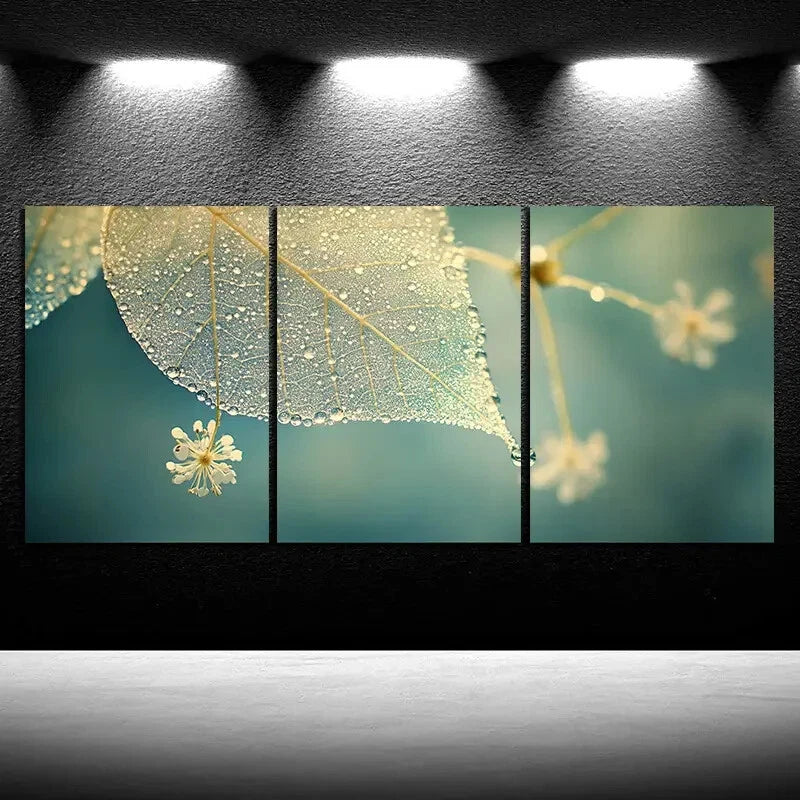 3pcs Leaves with Dewdrops Design Metal Print Ready to Hang Art - Bella Home Decor