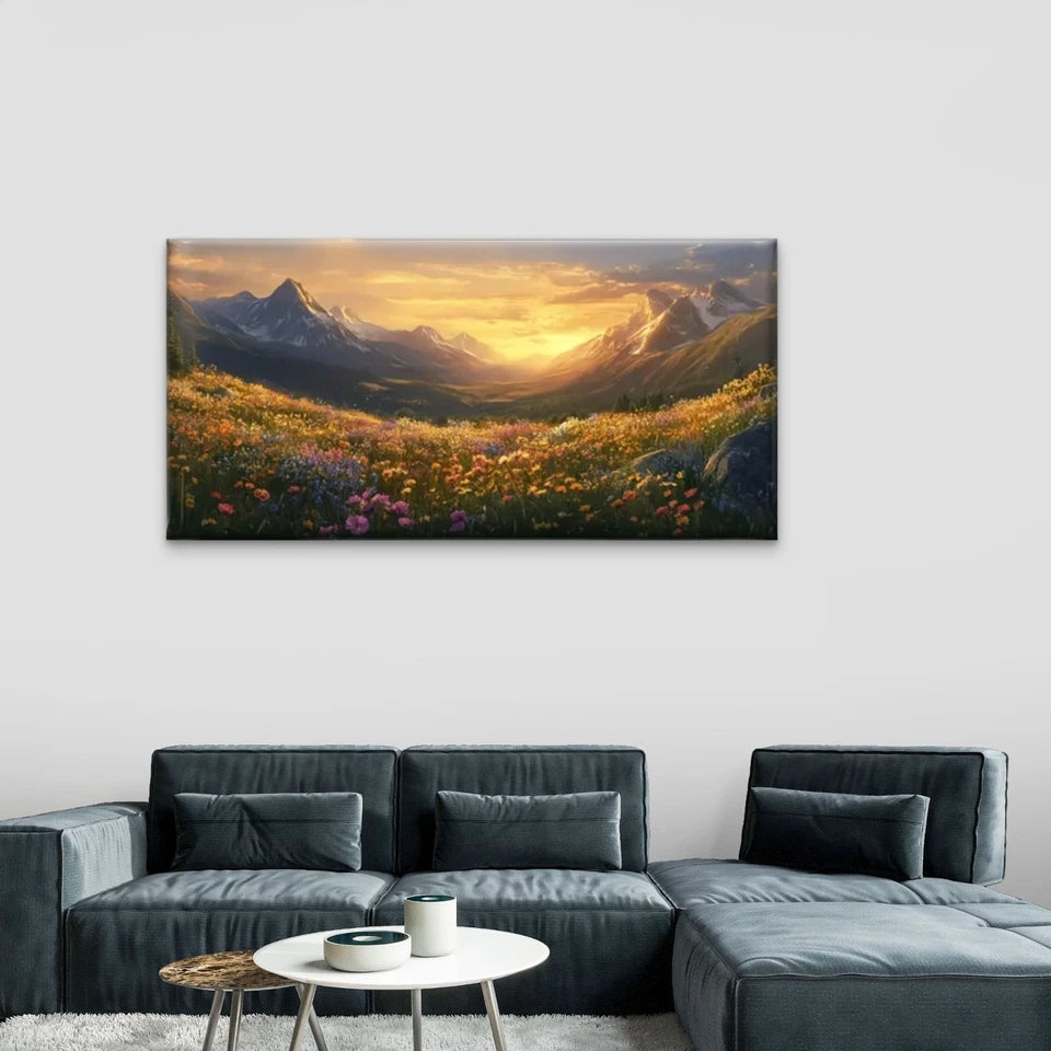 Flowers And Mountains Sunset Wall Art Canvas Office Home Room Framed 120x60cm