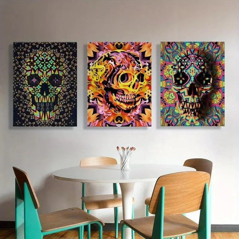 3pcs Vibrant Sugar Skull Wall Art Set Canvas Framed 50x70cm - High Quality Print 100% Australian Made Wall Canvas Ready to Hang - Bella Home Decor