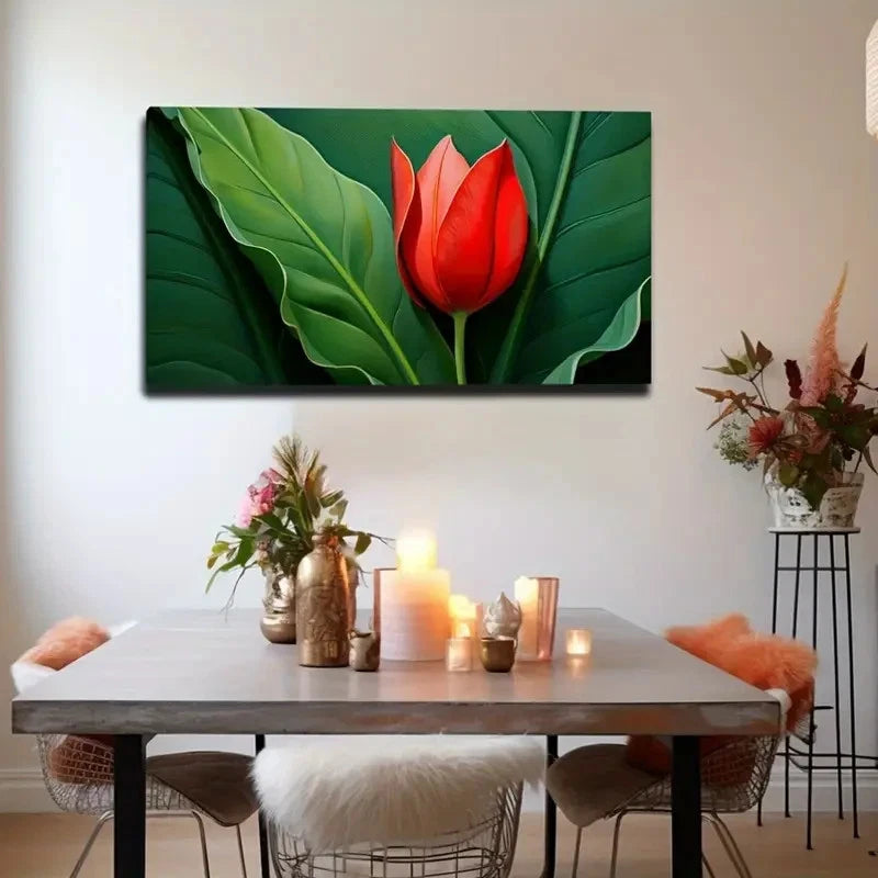 Vibrant Red Tulip Green Leave Wall Art Canvas Office Home Room Framed 120x60cm