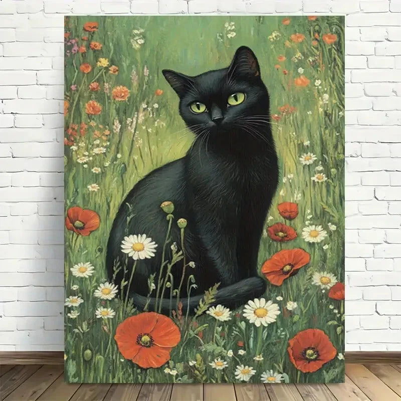Beautiful Black Cat With Flowers Painting 40x60cm Metal Print Ready to Hang - Bella Home Decor