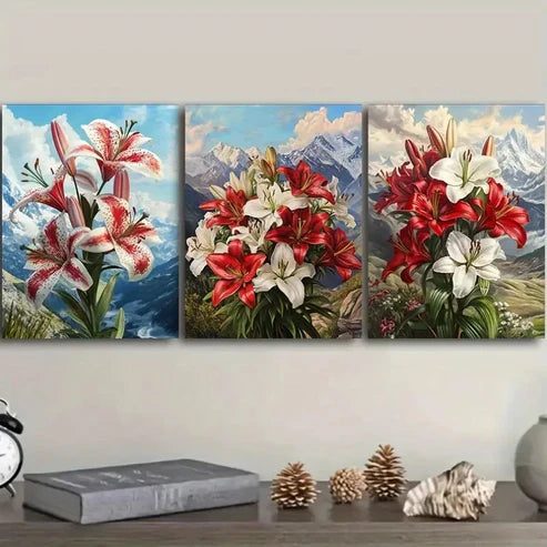 3pcs Red and White Lilies Wall Art Set Canvas Unframed – High Quality Print 100% Australian Made Wall Canvas